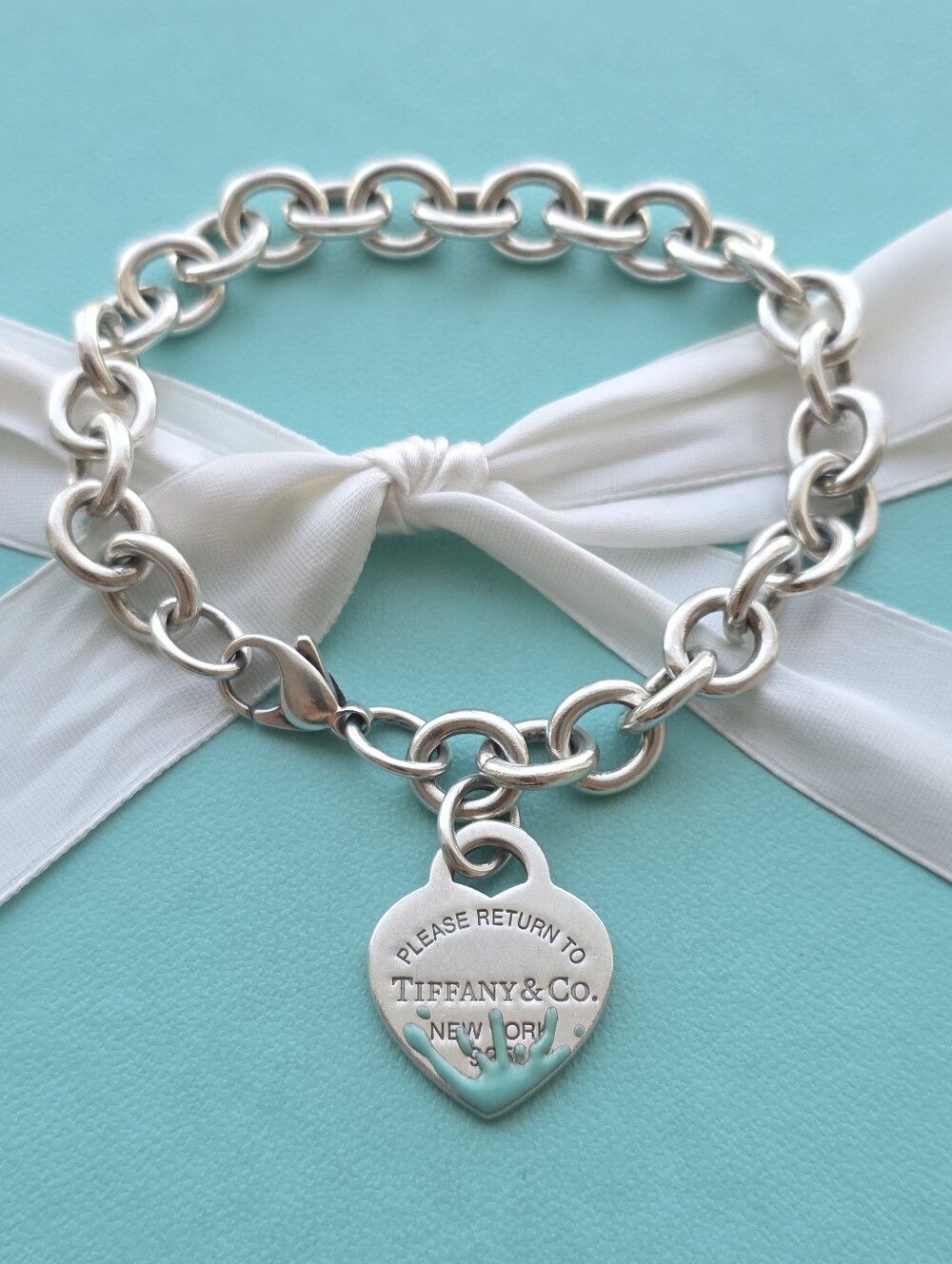 Retired Blue Enamel Splash Return to Tiffany Heart Tag Link Bracelet